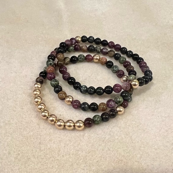 Watermelon Tourmaline Gold Filled Gemstone Set of 3 Stretch Stacking Bracelet - Picture 3 of 13